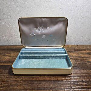 Vintage MCM Farrington Travel Size Cream Floral Jewelry Box Blue Velvet Lining